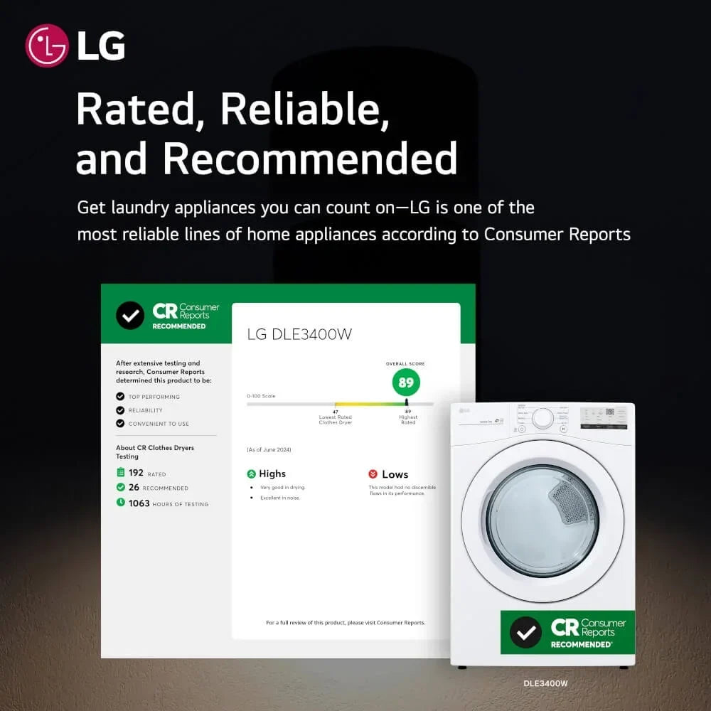 2026 NEW LG DLE3400W 7.4 Cu. Ft. White Front Load Electric Dryer