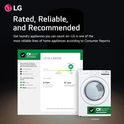 2026 NEW LG DLE3400W 7.4 Cu. Ft. White Front Load Electric Dryer