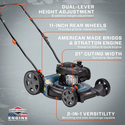 2026 NEW SENIX Gas Lawn Mower, 21-Inch, 125 cc 4-Cycle Briggs & Stratton Engine, 2-In-1 Push Lawnmower, 6-Position Height Adjustment with 11-Inch Rear Wheels, LSPG-M4, Blue