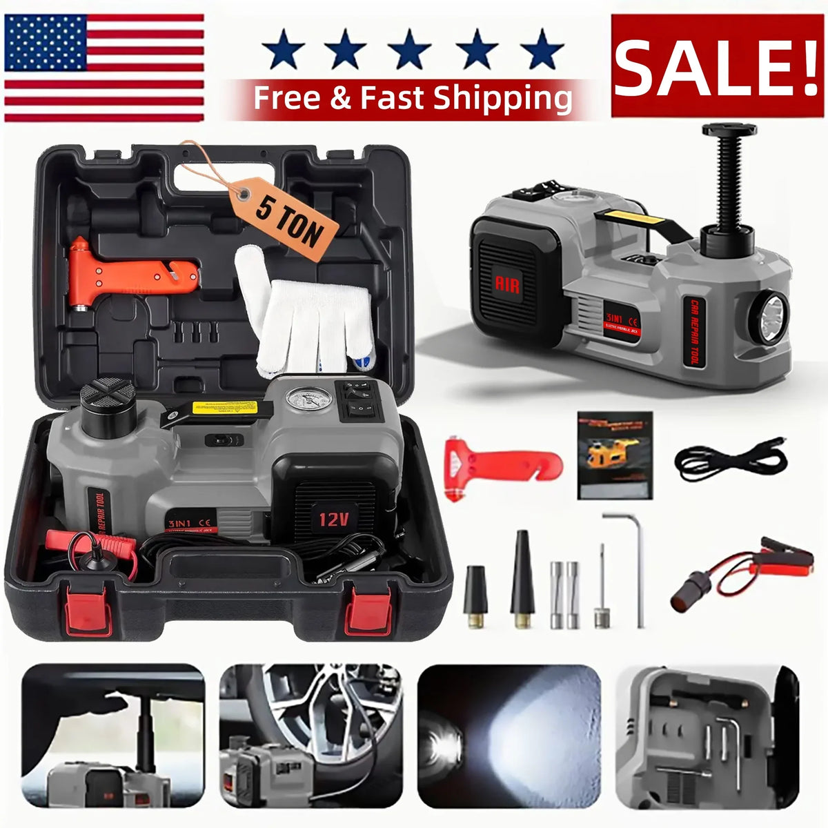 2026 NEW SZTAA Electric Car Jack Lift with Air Compressor and Emergency Hammer 5 Ton/11023 lbs Hydraulic Jack for SUV Sedan Truck Change Tires Garage Repair