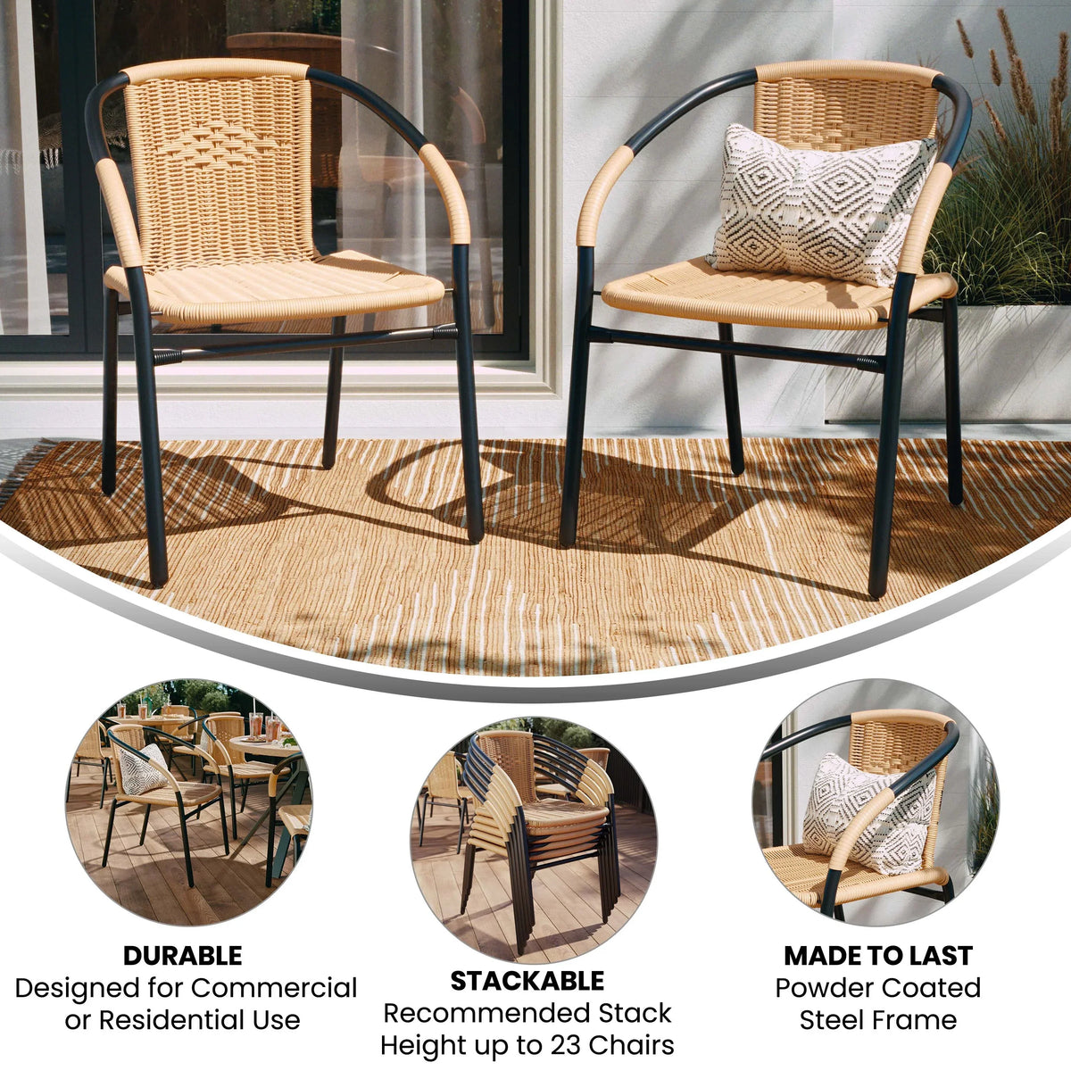 2026 NEW Emma + Oliver Indoor/Outdoor Stacking Rattan Restaurant Patio Chairs, Set of 2, Gray