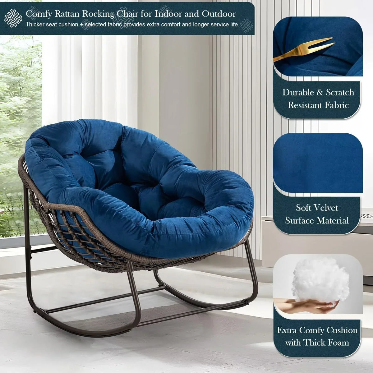 2026 NEW Outdoor Papasan Rocking Chair, Patio Oversized Wicker Egg Rocking Chair, Indoor & Outdoor Comfy Rocker Chair with Thick Cushion, Modern Lounge Chair for Front Porch, Garden, Backyard, Grey
