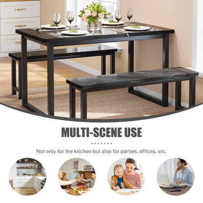 2026 NEW PORKISS Kitchen Table with 2 Benches, 3 Piece Dining Table Set, Dining Table with Faux Marble Table Top, Metal Frame, Black#