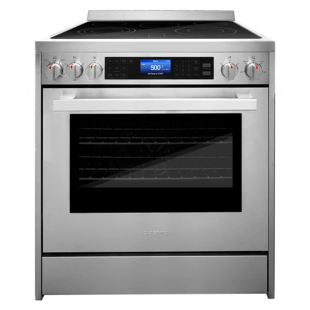 2026 NEW Cosmo 5 Piece Kitchen Appliance Packages with 30" Freestanding Electric Range 30" Island Range Hood 24" Built-in Fully Integrated Dishwasher French Door Refrigerator & 48 Bottle Wine Refrigerator
