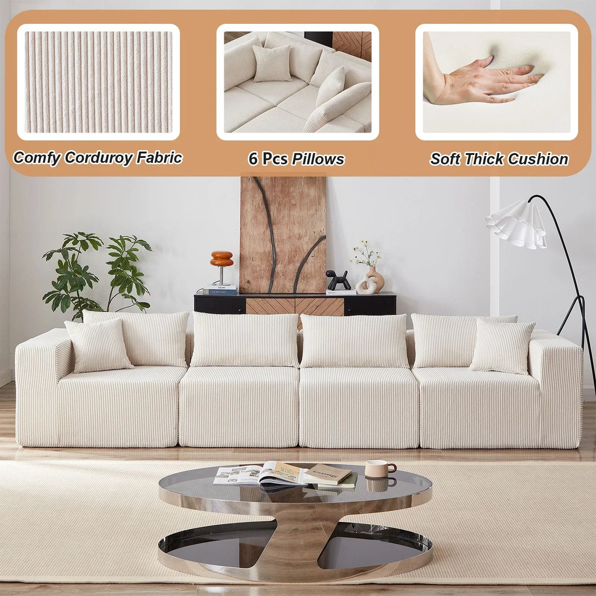 2026 NEW 104-Inch Corduroy Modular L Shaped Sectional Sofa,Luxury Floor Couch Set,Upholstered Indoor Furniture,Foam-Filled Compressed Sofa for Living Room,Bedroom,4 PC Free Combination
