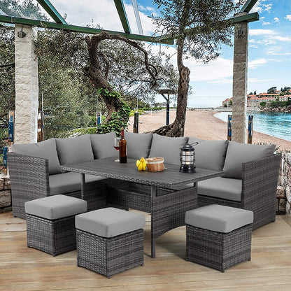 2026 NEW AECOJOY 7 Piece Patio Furniture Set PE Rattan Outdoor Dining Set Sectional Sofa Couch with Table Patio Conversation Set in Gray