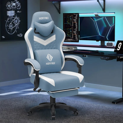 2026 NEW Hoffree Gaming Chair with Massage Fabric Office Chair with footrest for Adults, Ergonomic Gamer Chair with Headrest and Lumbar Support for Office Gaming, 440 LBS