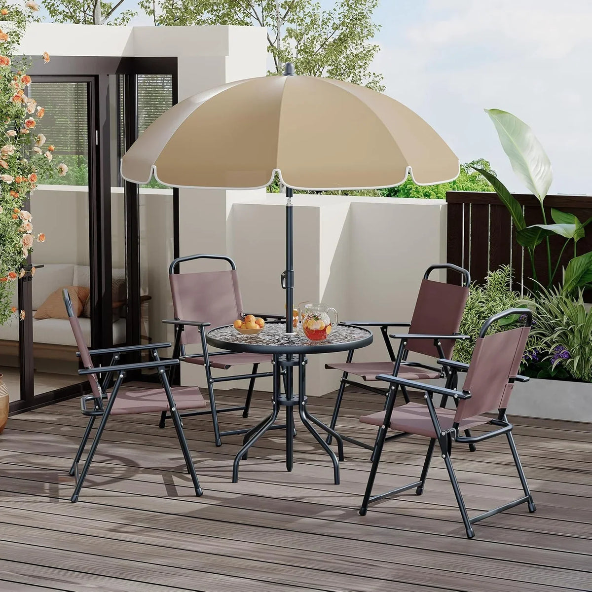 2026 NEW 6 Pieces Outdoor Dining Set With Umbrella, Patio Table and 4 Folding Chairs With Umbrella, Garden Patio Furniture Set With Umbrellas, Tempered Glass Top Dining Table