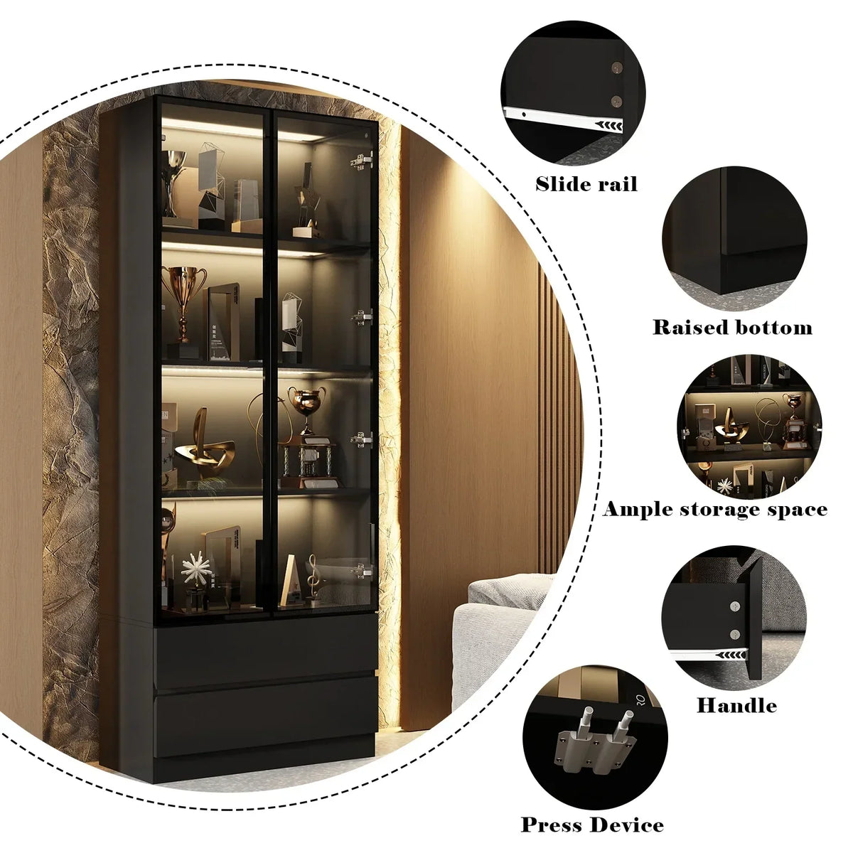 2026 NEW KULAGAGA Bookcases Organizer with LED Lights, Heavy Duty Display Cabinet with Glass Door for Living Room, 31.5" Wide