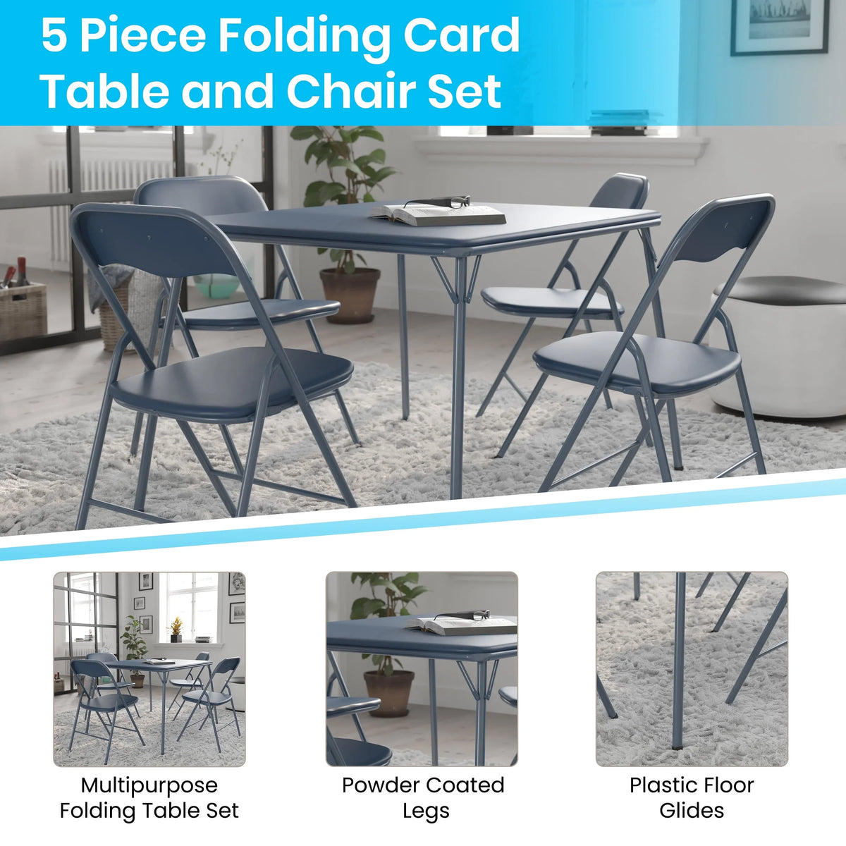 2026 NEW Emma + Oliver 5 Piece Black Folding Game Room Card Table and Chair Set