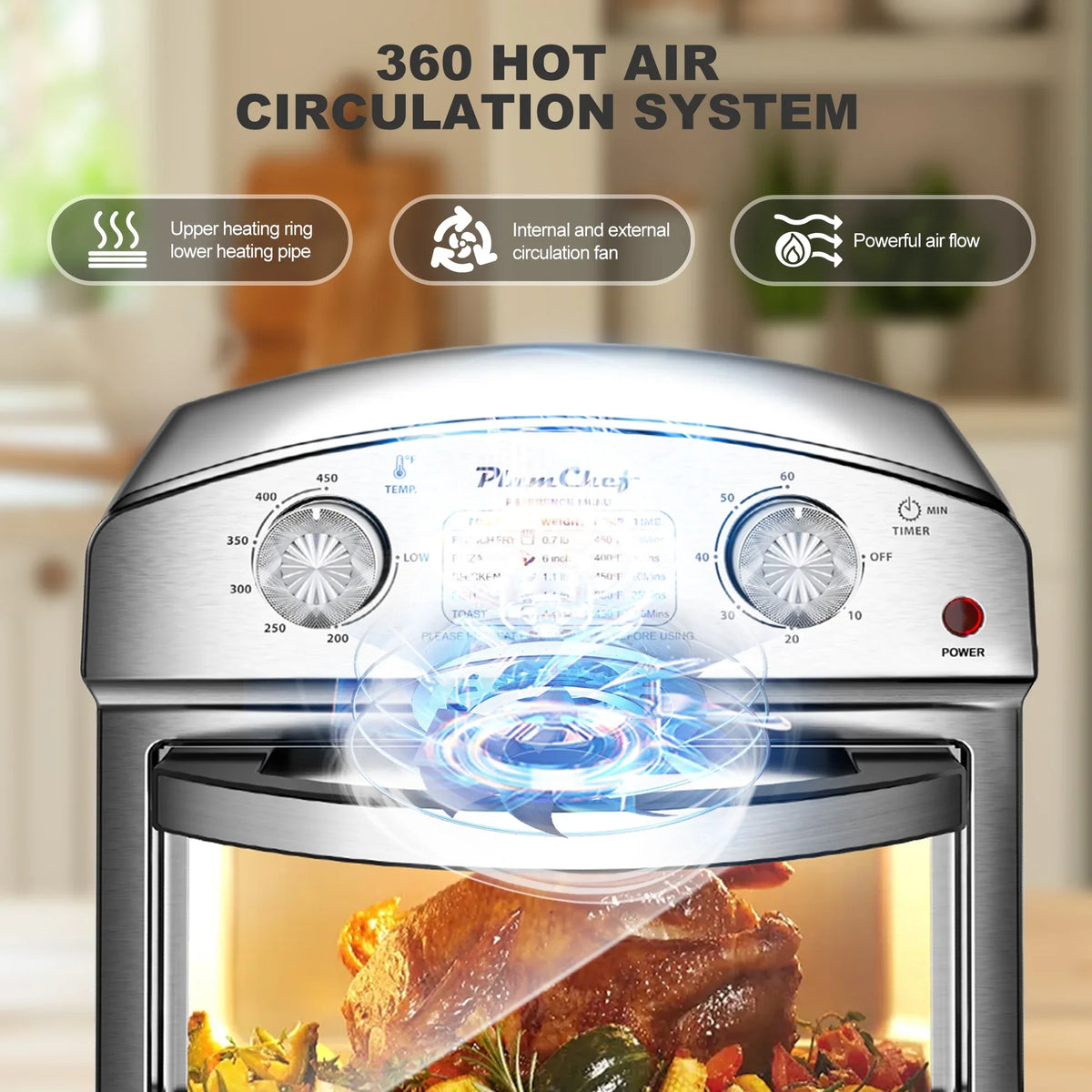 2026 NEW PlumChef 13 Quart 4 Slices Air Fryer Convection Toaster Oven, 1500W, 7 in 1 Multifunction with Roast, Bake, Grill, Broil, Toast, Dehydrate, Defrost