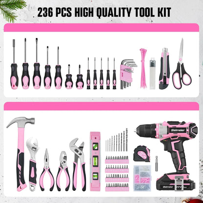 2026 NEW 20V 236Pcs Cordless Pink Drill Set - Essential Women's Pink Tool Set, Lady's Basic Home Tool Kit with Pink Tool Bag - All in One Pink Tool Kit Ideal