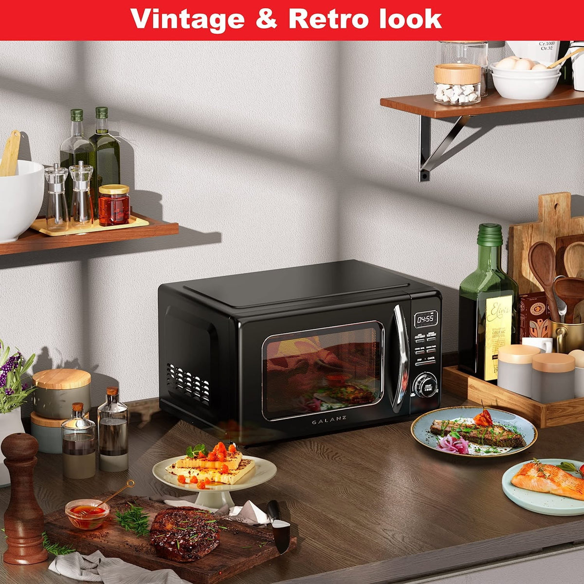 2026 NEW Galanz Retro Countertop Microwave Oven with Auto Cook & Reheat, Defrost, Quick Start Functions, Easy Clean with Glass Turntable, Pull Handle, .9 cu ft, Black