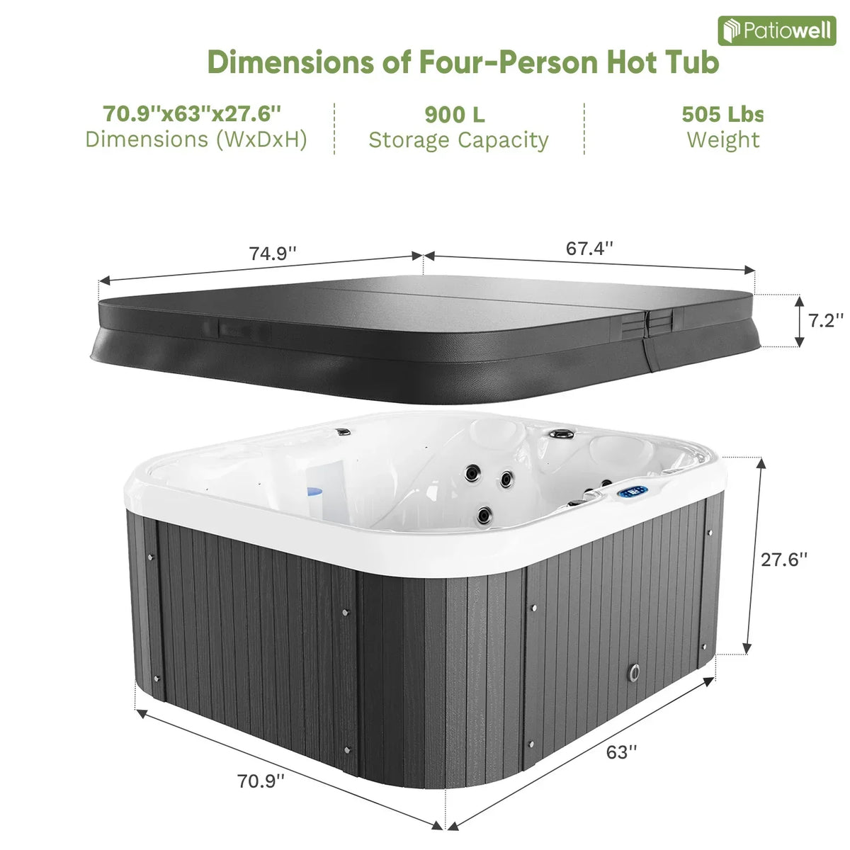 2026 NEW Patiowell 2 Person Home Spa Hot Tub for Outdoor, with 41pcs Massage Jets, LED lighting, Built-In Water Purification System, 900L, Black