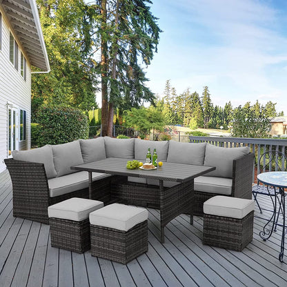 2026 NEW AECOJOY 7 Piece Patio Furniture Set PE Rattan Outdoor Dining Set Sectional Sofa Couch with Table Patio Conversation Set in Gray
