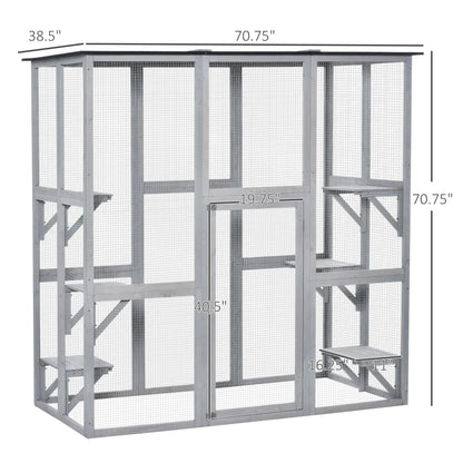 2026 NEW PawHut Wooden Catio Enclosure with Weather Protection, 6 Platforms, Outdoor, Large, 71" x 38.5" x 71"