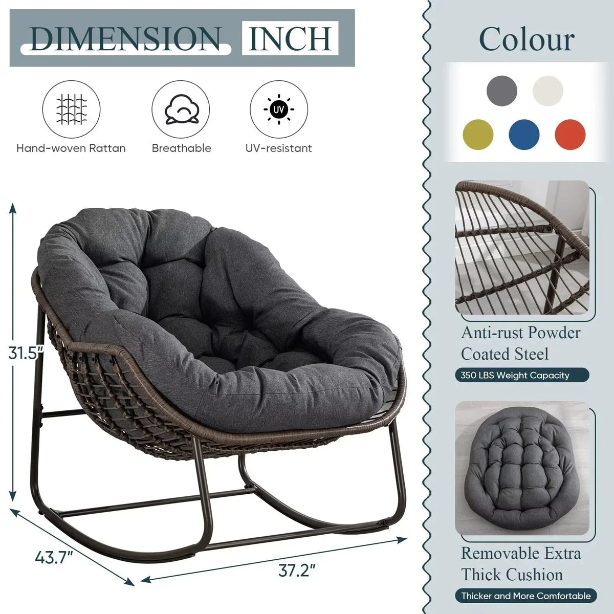 2026 NEW Outdoor Papasan Rocking Chair, Patio Oversized Wicker Egg Rocking Chair, Indoor & Outdoor Comfy Rocker Chair with Thick Cushion, Modern Lounge Chair for Front Porch, Garden, Backyard, Grey