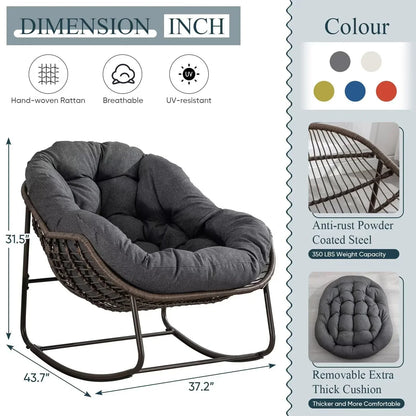 2026 NEW Outdoor Papasan Rocking Chair, Patio Oversized Wicker Egg Rocking Chair, Indoor & Outdoor Comfy Rocker Chair with Thick Cushion, Modern Lounge Chair for Front Porch, Garden, Backyard, Grey