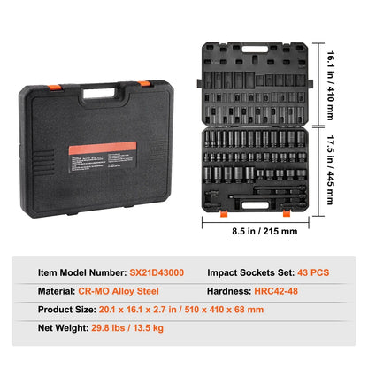 2026 NEW SKYSHALO 43-Pc Impact Socket Set, 1/2" Drive, SAE 3/8"-1-1/2", Deep & Shallow, 6-Point, Cr-Mo Steel, for Automotive Repair, Clear Size Labels, Durable