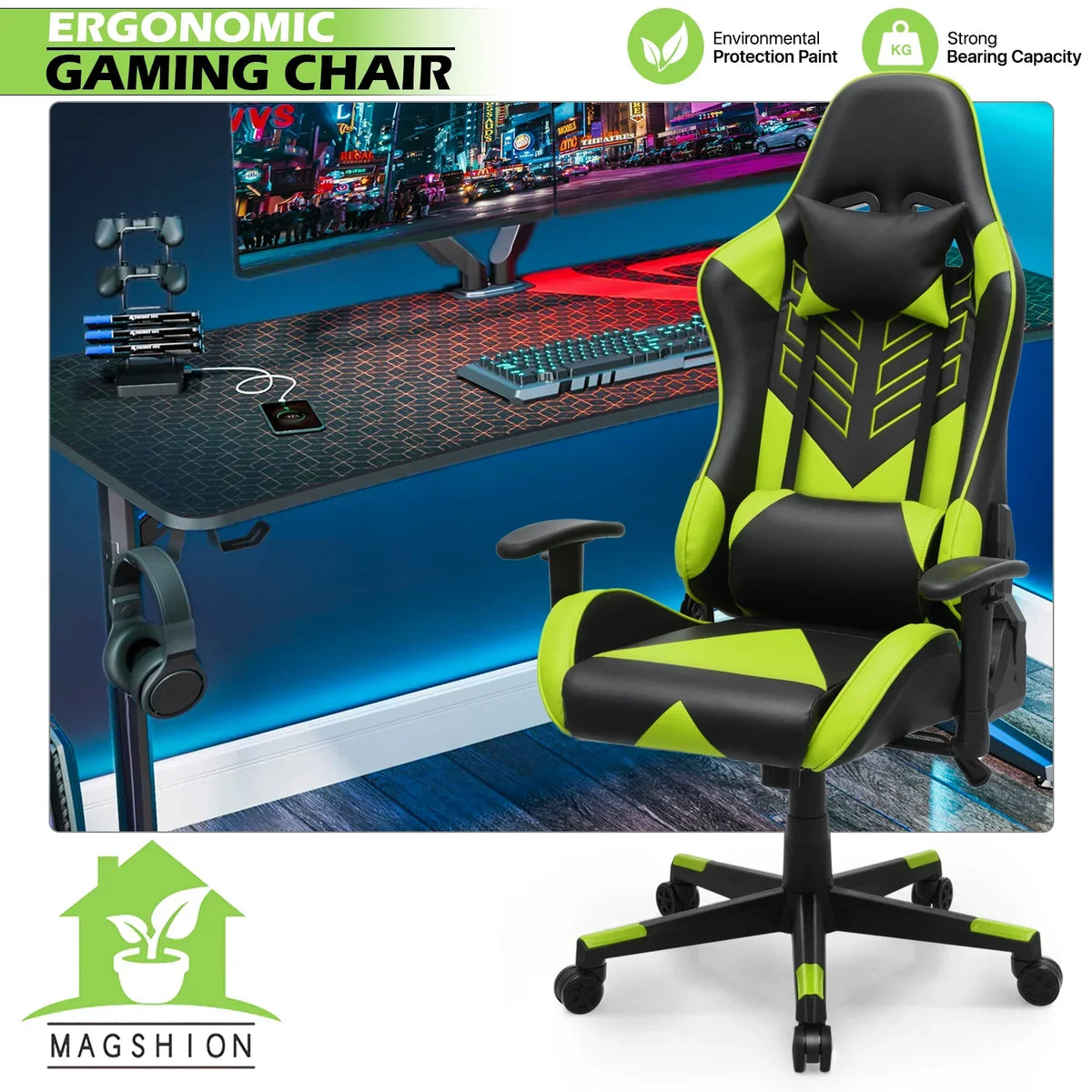 2026 NEW Magshion Ergonomic Gaming Chair, Comfortable Gaming Chair, Computer Chair Leather Desk Chair Adjustable Swivel Gaming Office Chair, Blue