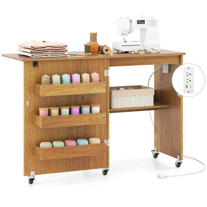 2026 NEW Costway Folding Sewing Table Rolling Craft Station with 3 Storage Bins & Charging Station Natural