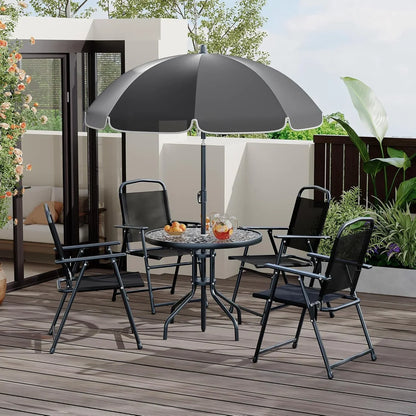 2026 NEW 6 Pieces Outdoor Dining Set With Umbrella, Patio Table and 4 Folding Chairs With Umbrella, Garden Patio Furniture Set With Umbrellas, Tempered Glass Top Dining Table