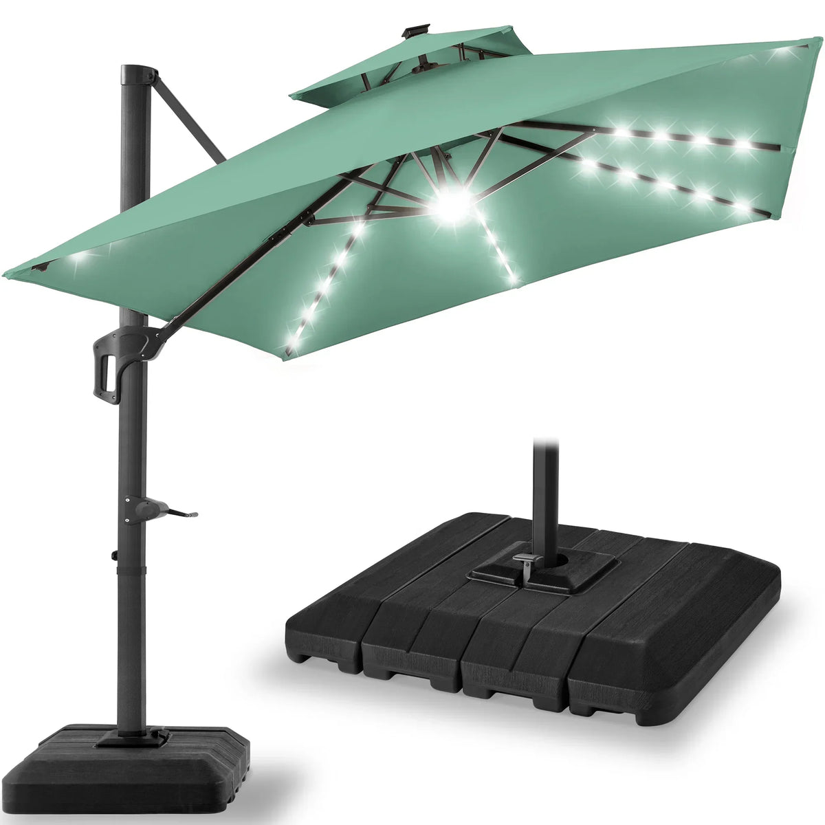 2026 NEW Best Choice Products 10x10ft 2-Tier Square Outdoor Solar LED Cantilever Patio Umbrella w/ Base Included - Tan