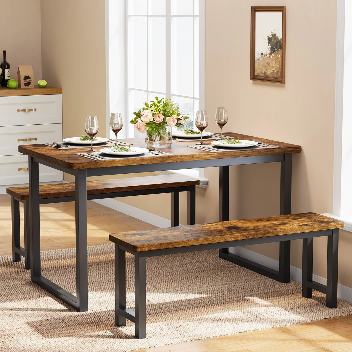 2026 NEW PORKISS Kitchen Table with 2 Benches, 3 Piece Dining Table Set, Dining Table with Faux Marble Table Top, Metal Frame, Black#