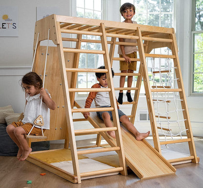 2026 NEW Avenlur Indoor Toddler and Child Indoor Gym Playground Climber - Real Wooden Playset 6-in-1 Slide, Rock Climb Wall, Rope Wall Climbing, Monkey Bars, Swing, Ladder Fun Gym for Children