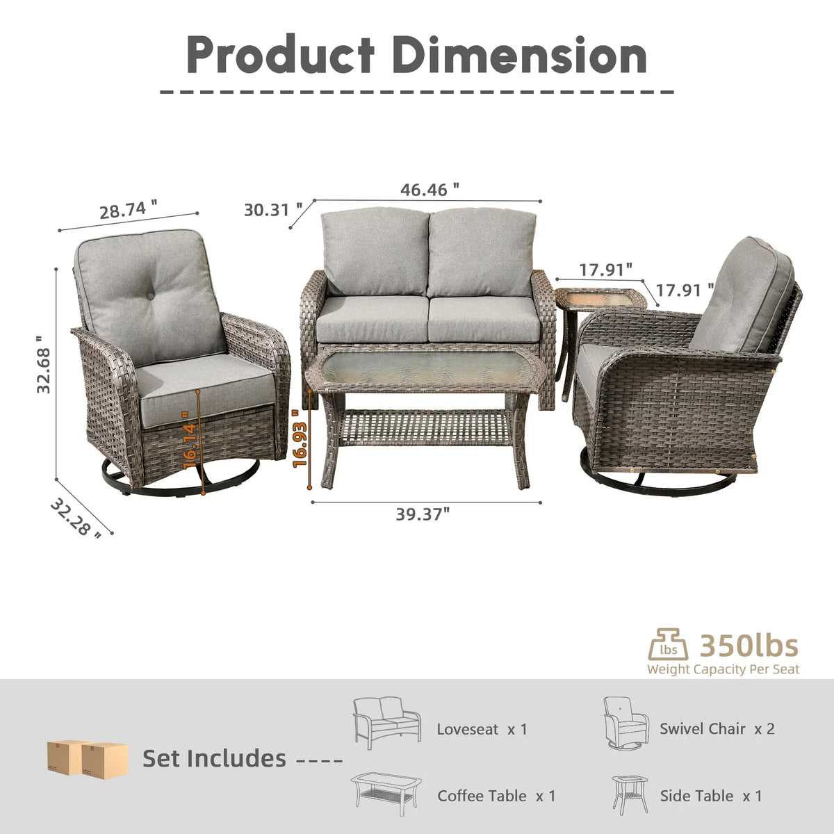 2026 NEW Ovios 5 Pieces Outdoor Patio Furniture Set High Back All Weather Wicker Conversation Set with Swivel Chairs & Coffee Table, Dark Gray