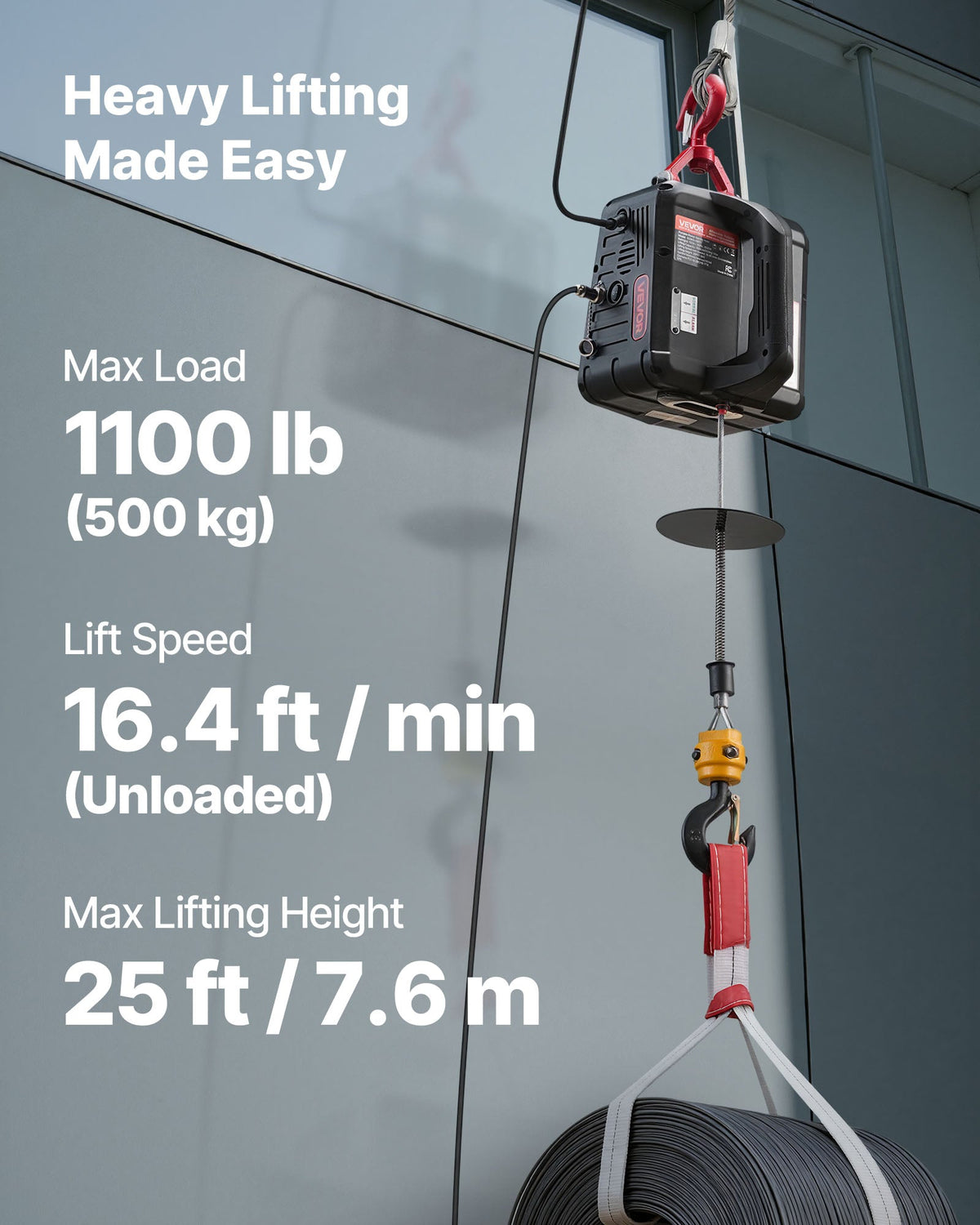 2026 NEW VEVOR 2-in-1 Electric Hoist Winch, 1100 lbs Capacity, 1500W Portable Power Winch Crane, 25 ft Lifting Height, 16.4 ft/min with Manual and Wired Remote Control