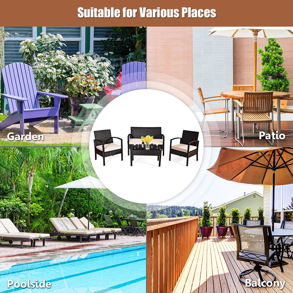 2026 NEW Costway 4PCS Patio Rattan Conversation Furniture Set Cushioned Seat Glass Table