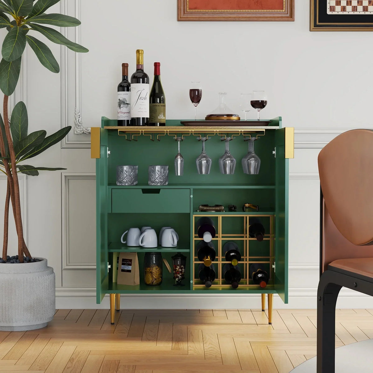 2026 NEW CBJCBJ 32" Wine Bar Cabinet with 2 Door Fluted Texture, Modern Coffee Cabinet with Rack&Glass Holder, Black