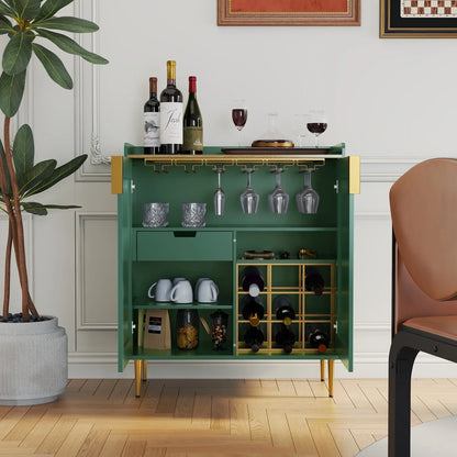 2026 NEW CBJCBJ 32" Wine Bar Cabinet with 2 Door Fluted Texture, Modern Coffee Cabinet with Rack&Glass Holder, Black