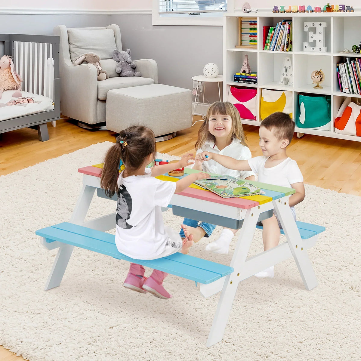 2026 NEW Costway 3-in-1 Kids Picnic Table Wooden Outdoor Sand & Water Table with Umbrella Play Boxes Green