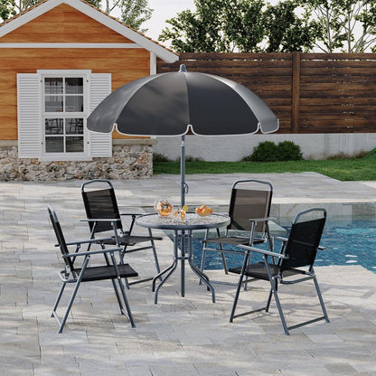 2026 NEW 6 Pieces Outdoor Dining Set With Umbrella, Patio Table and 4 Folding Chairs With Umbrella, Garden Patio Furniture Set With Umbrellas, Tempered Glass Top Dining Table