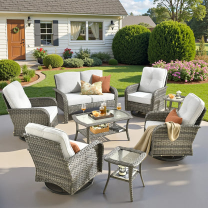 2026 NEW Ovios 5 Pieces Outdoor Patio Furniture Set High Back All Weather Wicker Conversation Set with Swivel Chairs & Coffee Table, Dark Gray
