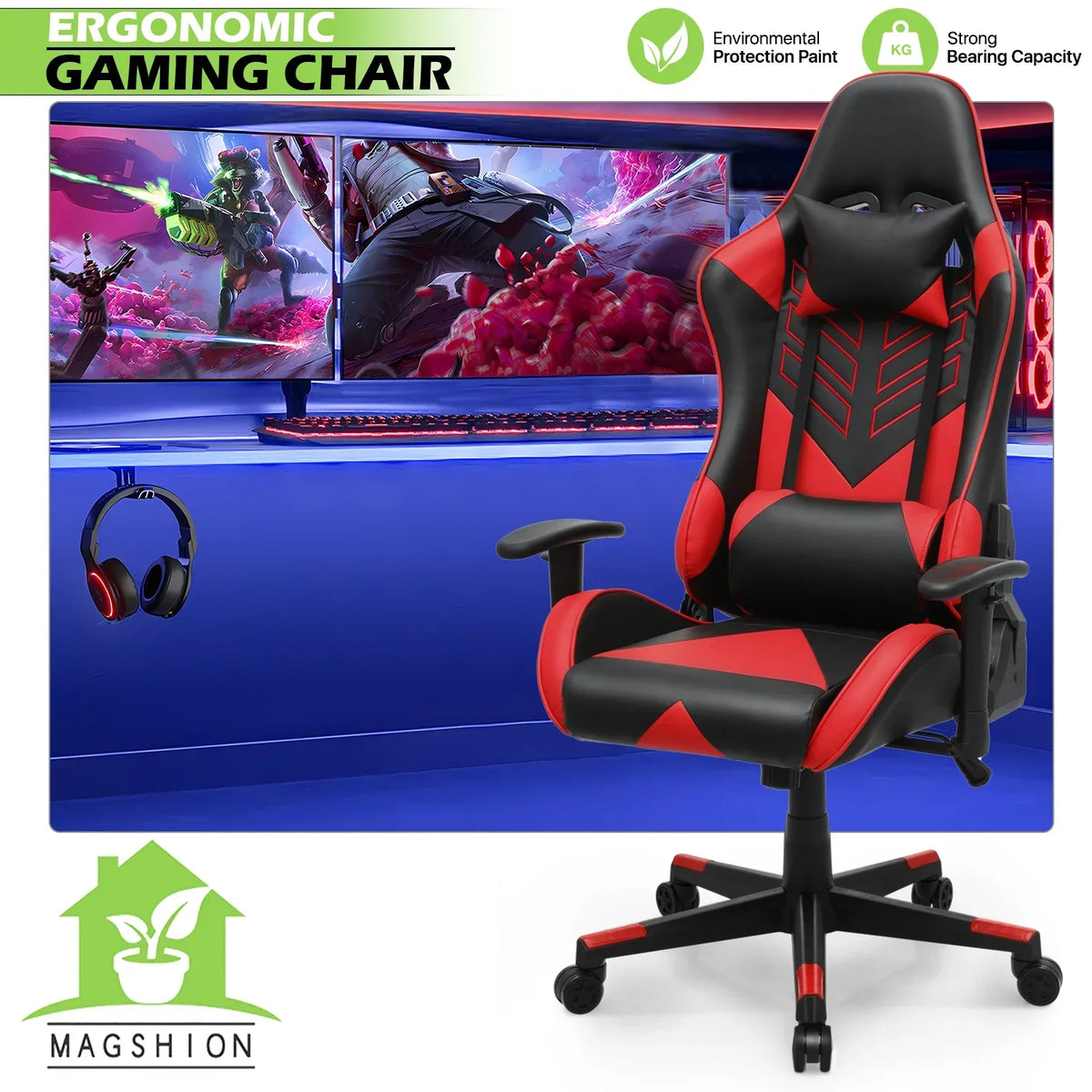 2026 NEW Magshion Ergonomic Gaming Chair, Comfortable Gaming Chair, Computer Chair Leather Desk Chair Adjustable Swivel Gaming Office Chair, Blue