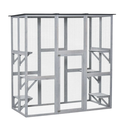 2026 NEW PawHut Wooden Catio Enclosure with Weather Protection, 6 Platforms, Outdoor, Large, 71" x 38.5" x 71"