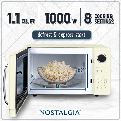 2026 NEW Nostalgia Retro Microwave Oven - 1.1 Cu Ft & 1000-Watt Countertop Size with Glass Turntable, Child Safety Lock, 8 Auto-Cook Programs & Digital Clock - Black