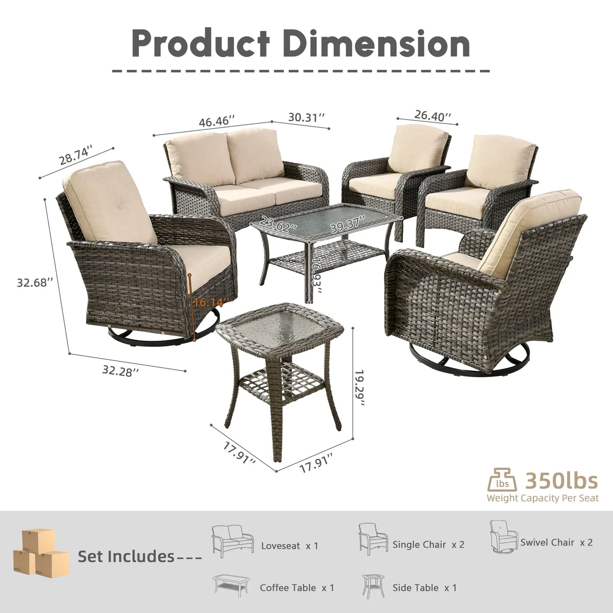 2026 NEW Ovios 5 Pieces Outdoor Patio Furniture Set High Back All Weather Wicker Conversation Set with Swivel Chairs & Coffee Table, Dark Gray