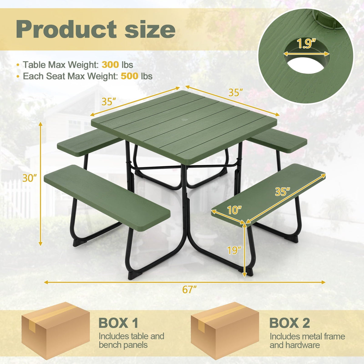 2026 NEW Gymax Outdoor Picnic Table 8-person Square Picnic Table Bench Set w/ 4 Benches & Umbrella Hole Green