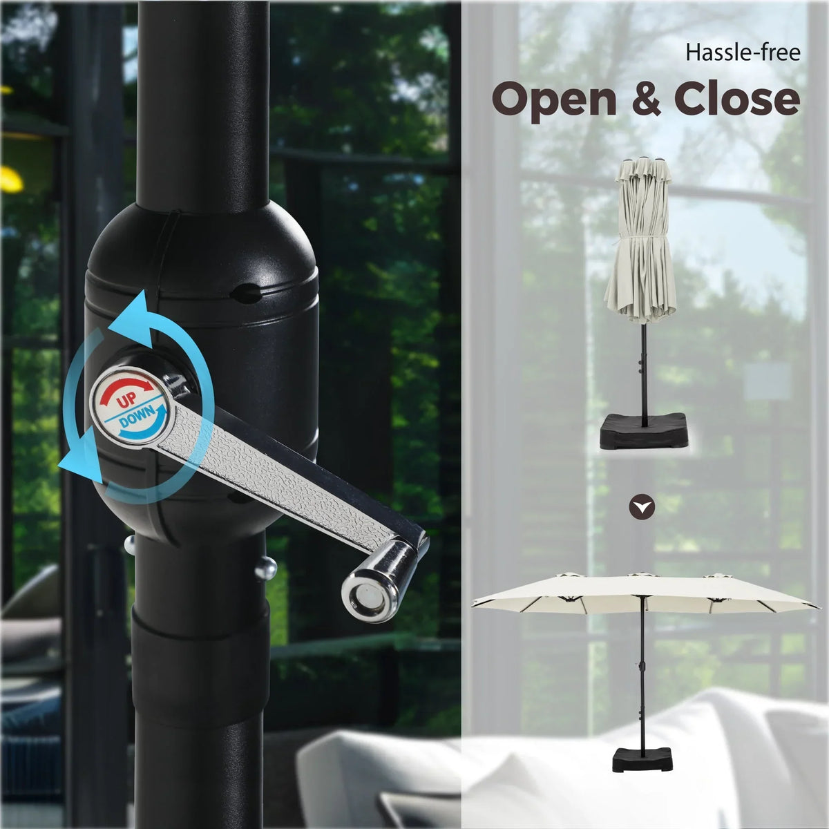 2026 NEW Alpha Joy 15ft Outdoor Patio Umbrella Extra-Large Double-Sided Garden Umbrella with Crank Handle and Base - Smoky Gray