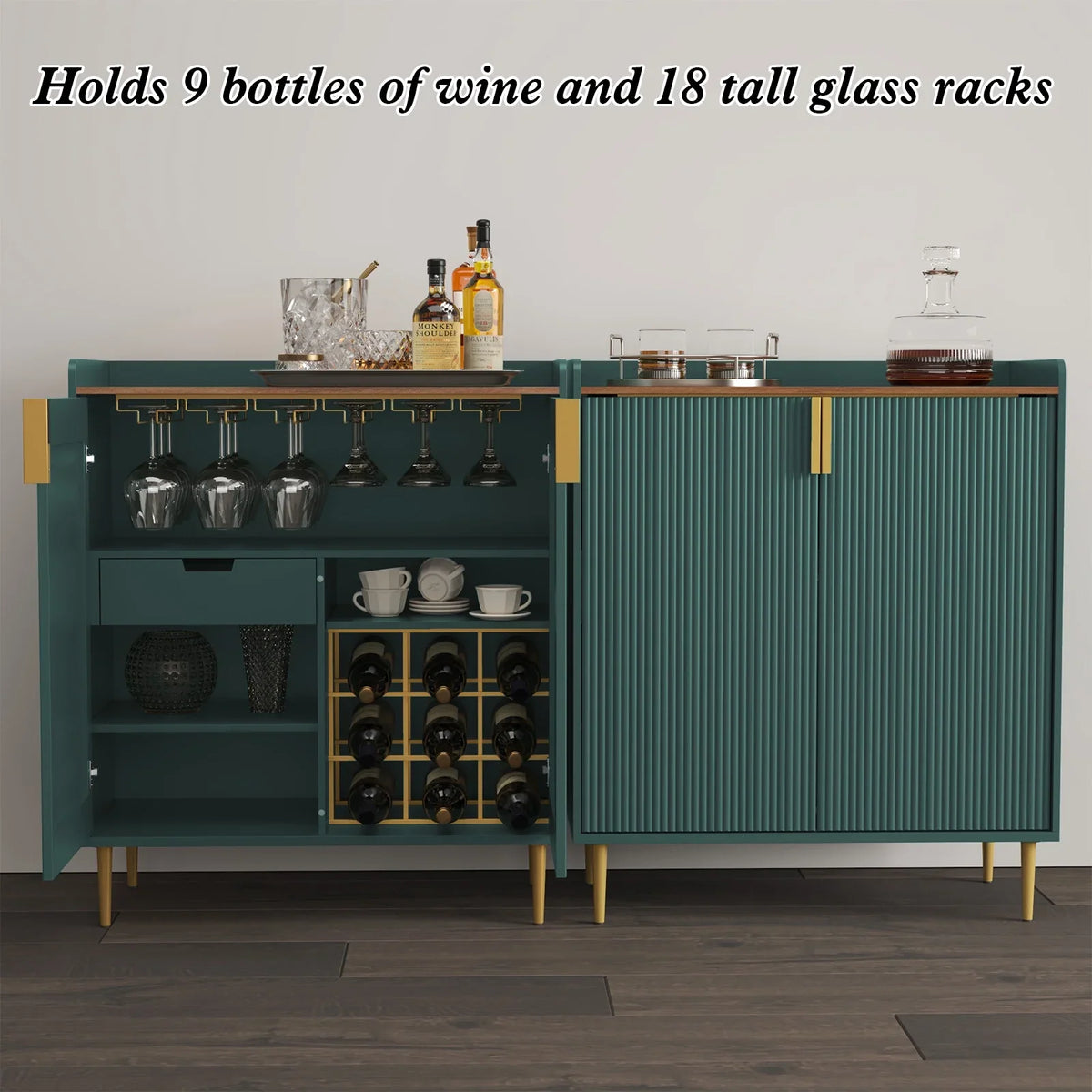 2026 NEW CBJCBJ 32" Wine Bar Cabinet with 2 Door Fluted Texture, Modern Coffee Cabinet with Rack&Glass Holder, Black