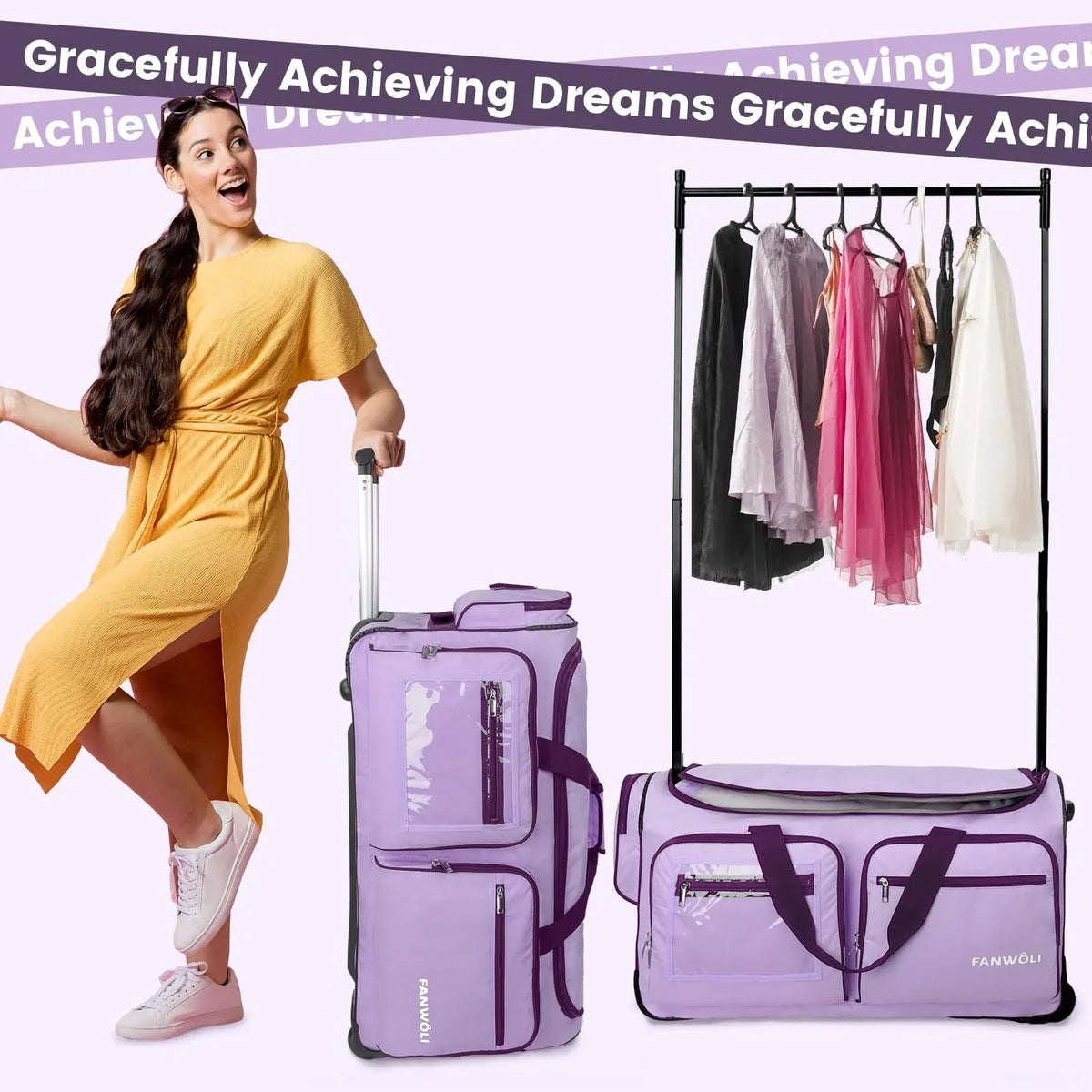 2026 NEW Fegat Dance Bag with Garment Rack - 28"Collapsible Rolling Competition Dance Duffle Bag Lightweight Costume Wheeled Suitcase for Dancers Shows Livestreamer Athletes
