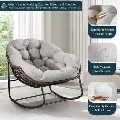 2026 NEW Outdoor Papasan Rocking Chair, Patio Oversized Wicker Egg Rocking Chair, Indoor & Outdoor Comfy Rocker Chair with Thick Cushion, Modern Lounge Chair for Front Porch, Garden, Backyard, Grey