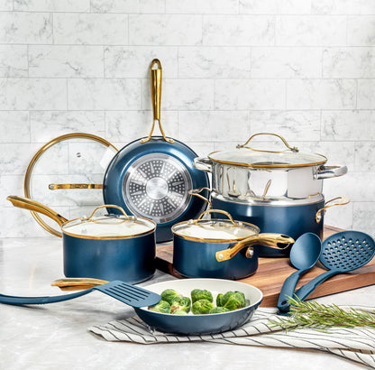 2026 NEW Gotham Steel 15 Pc Ceramic Cookware Set Nonstick, Ceramic Pots and Pans Set Non Stick with Steamer & Cooking Utensils, Non Toxic, Premium Stay Cool Handles, Oven & Dishwasher Safe, Blue
