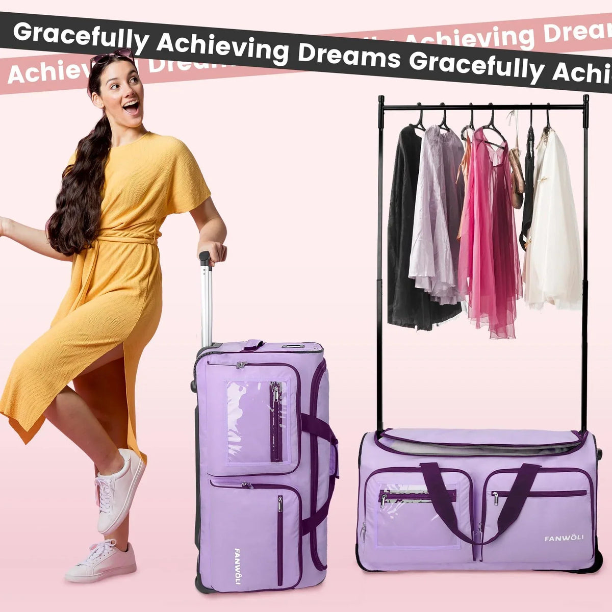 2026 NEW Fegat Dance Bag with Garment Rack - 28"Collapsible Rolling Competition Dance Duffle Bag Lightweight Costume Wheeled Suitcase for Dancers Shows Livestreamer Athletes