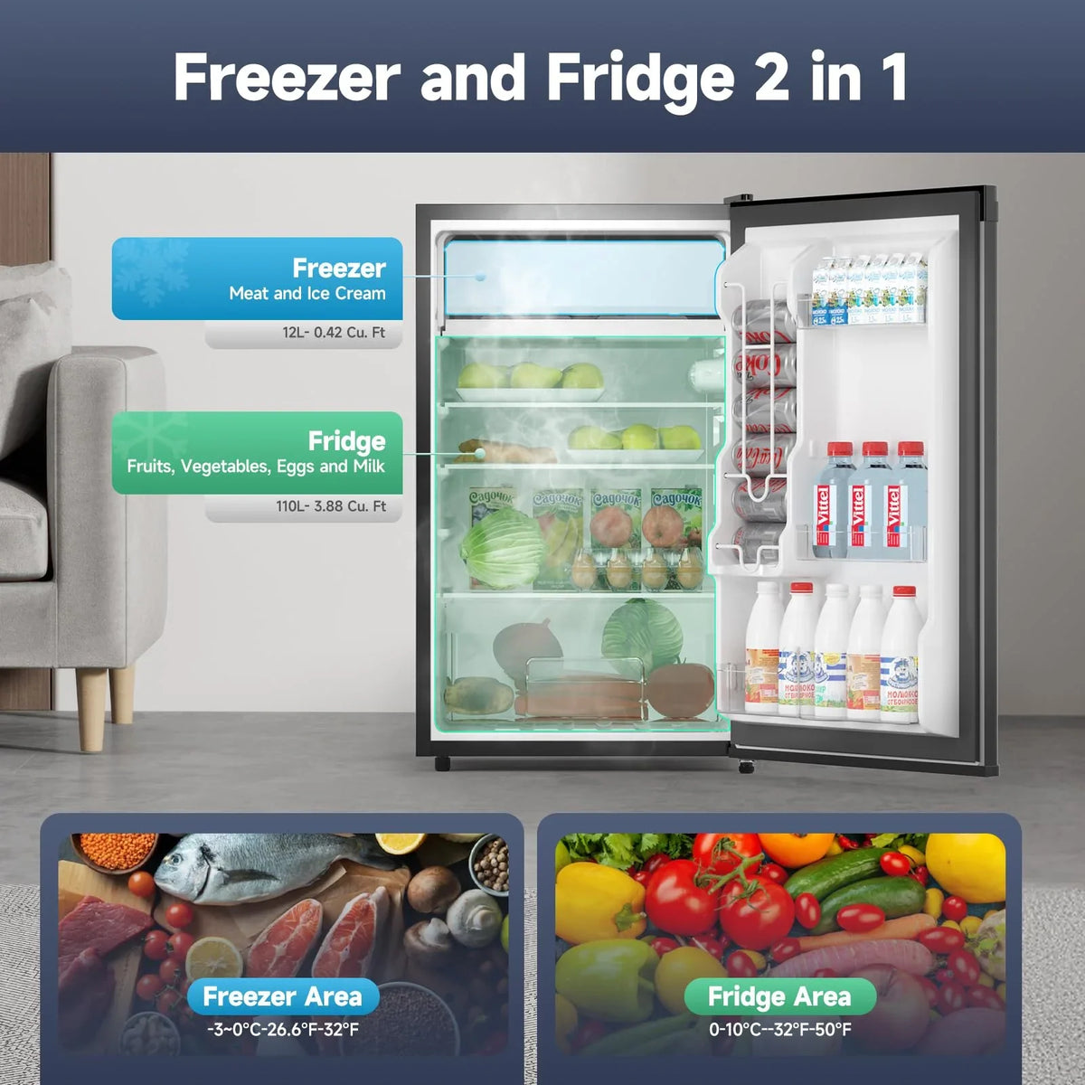 2026 NEW Soonbuy Compact Mini Fridge with Freezer, 4.3 Cu.Ft Single Door Refrigerator with Adjustable Temperature, Removable Shelves & Crisper Drawer, Energy Efficient Small Fridge for Bedroom, Office, Dorm, R