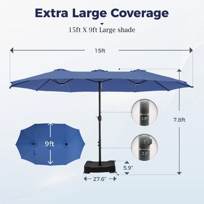 2026 NEW Alpha Joy 15ft Outdoor Patio Umbrella Extra-Large Double-Sided Garden Umbrella with Crank Handle and Base - Smoky Gray